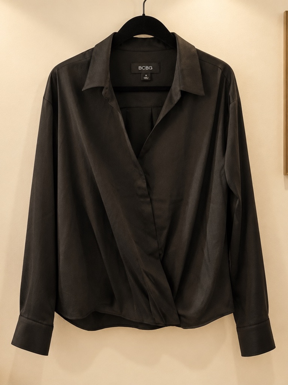 BCBG Black Draped Wrap-Front Button Down Blouse